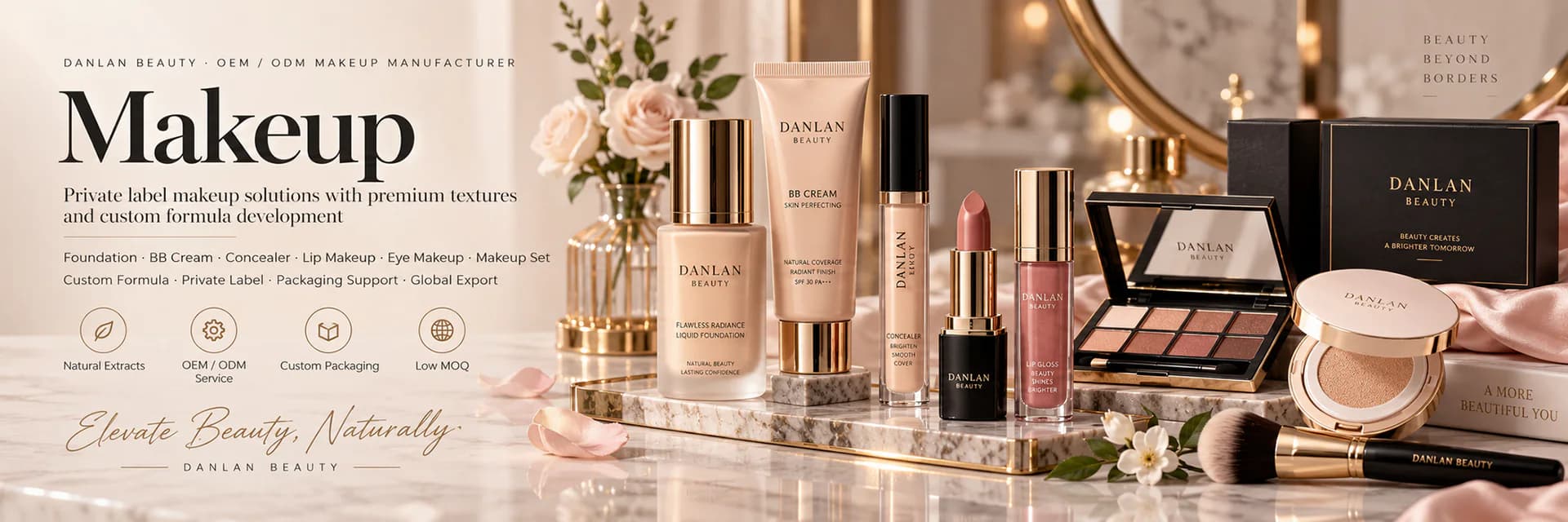 Makeup OEM ODM products including foundation, BB cream, concealer, lip makeup, eye makeup and makeup sets by Danlan Beauty
