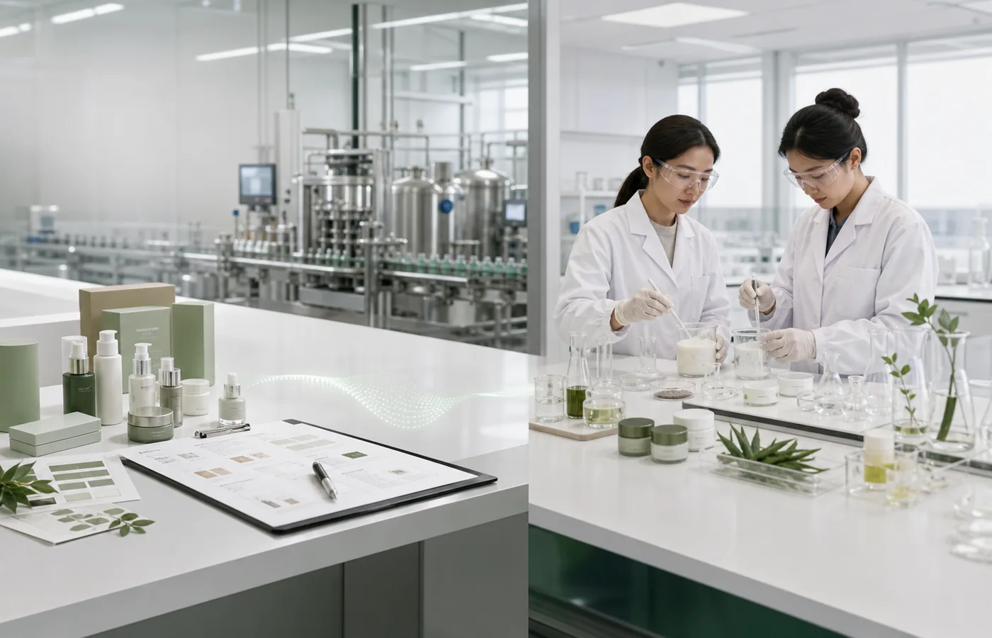 OEM and ODM cosmetics manufacturing comparison with formulation laboratory, packaging samples, and production line