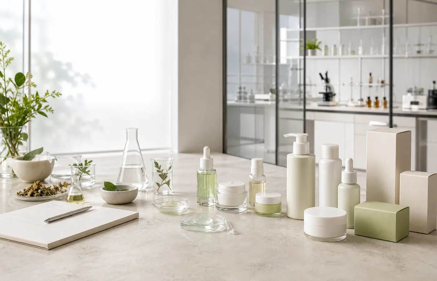 Private label skincare brand development from botanical ingredients and laboratory samples to finished cosmetic packaging