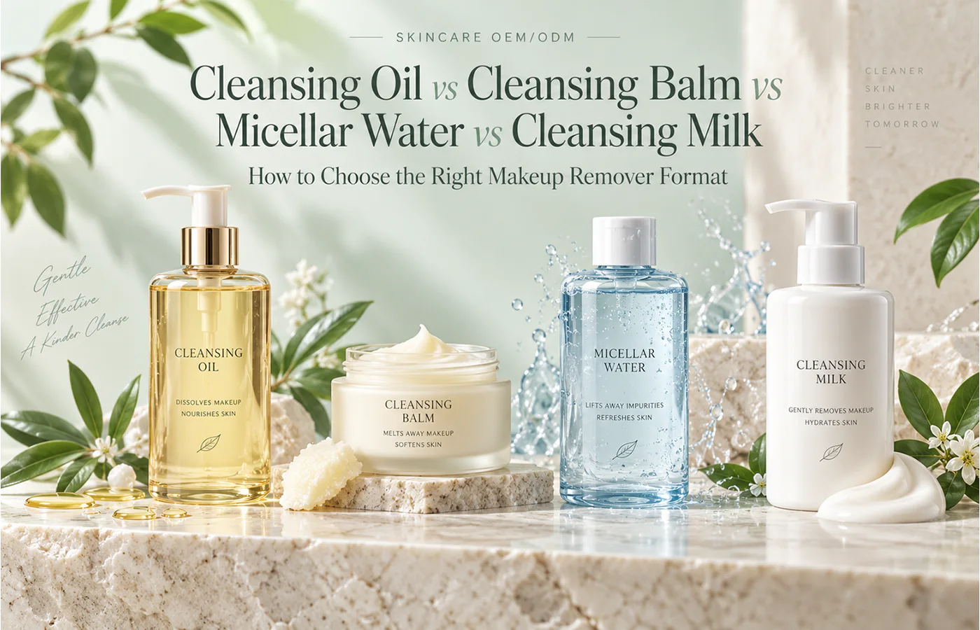 Private label makeup remover guide featuring cleansing oil, cleansing balm, micellar water and cleansing milk