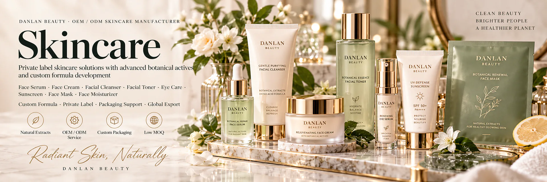 Skincare OEM ODM products including face serum, face cream, facial cleanser, facial toner, eye care, sunscreen, face mask and face moisturizer by Danlan Beauty