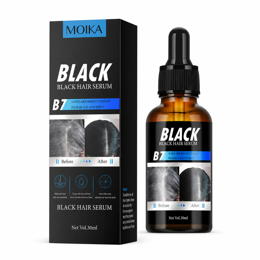 Black Hair Serum B7 private label hair mask product packaging on a white background